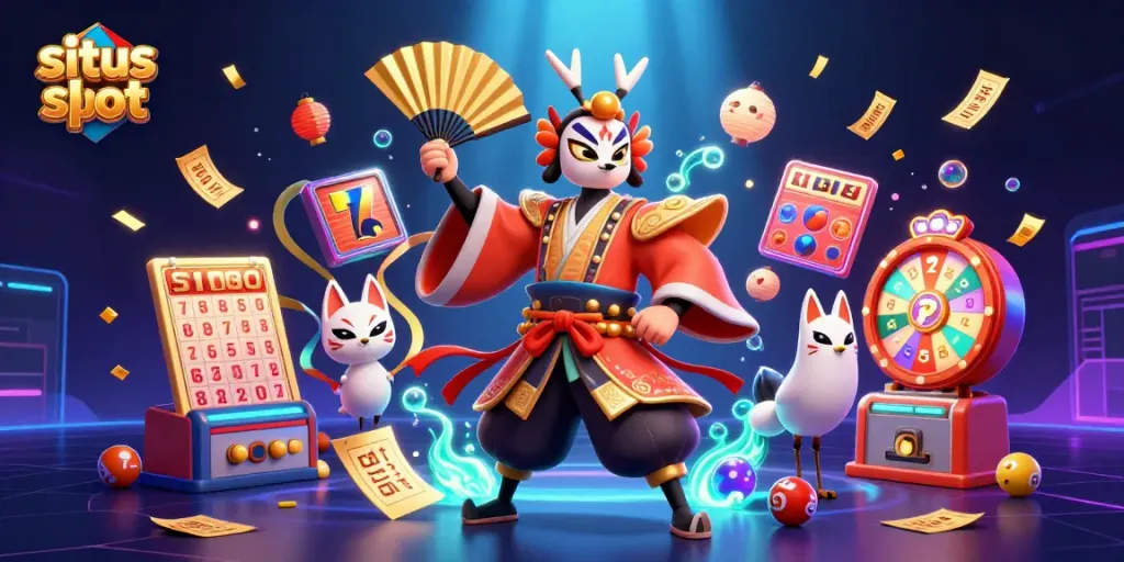 Menggandeng situs slot dengan simbol kemenangan bermacam-macam, gambar 3D dari seorang pejuang kabuki dan teman maskernya dikelilingi slot menyeronokkan.