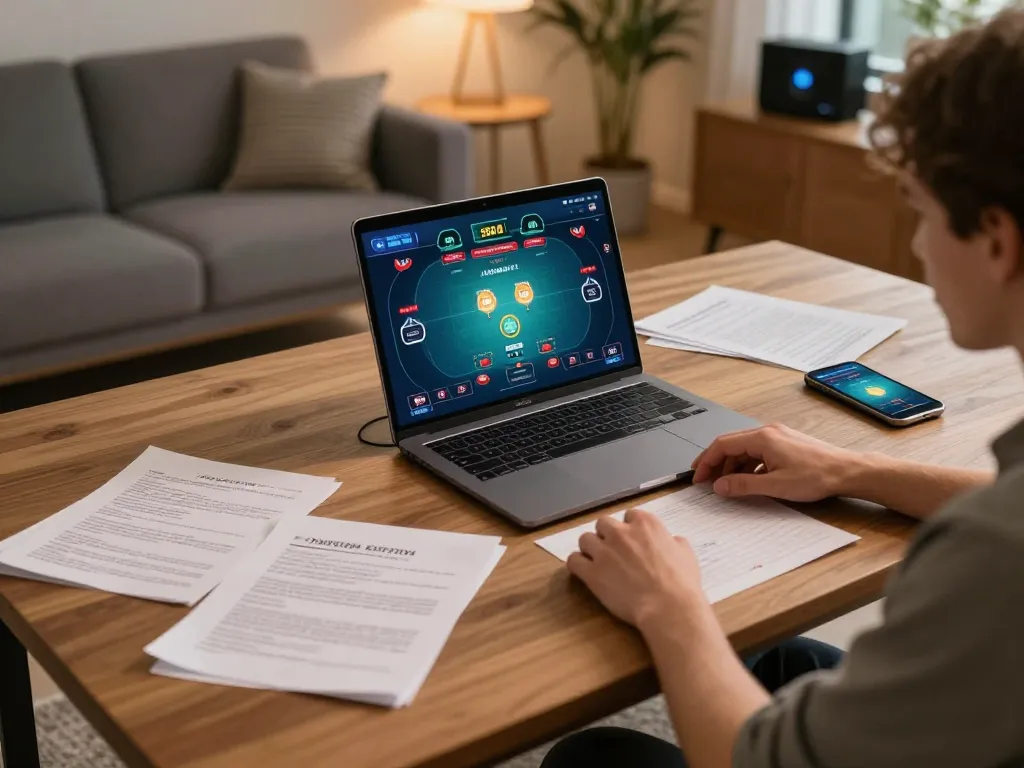 Engaging in online poker gameplay on kp88 with a detailed betting strategy notebook.