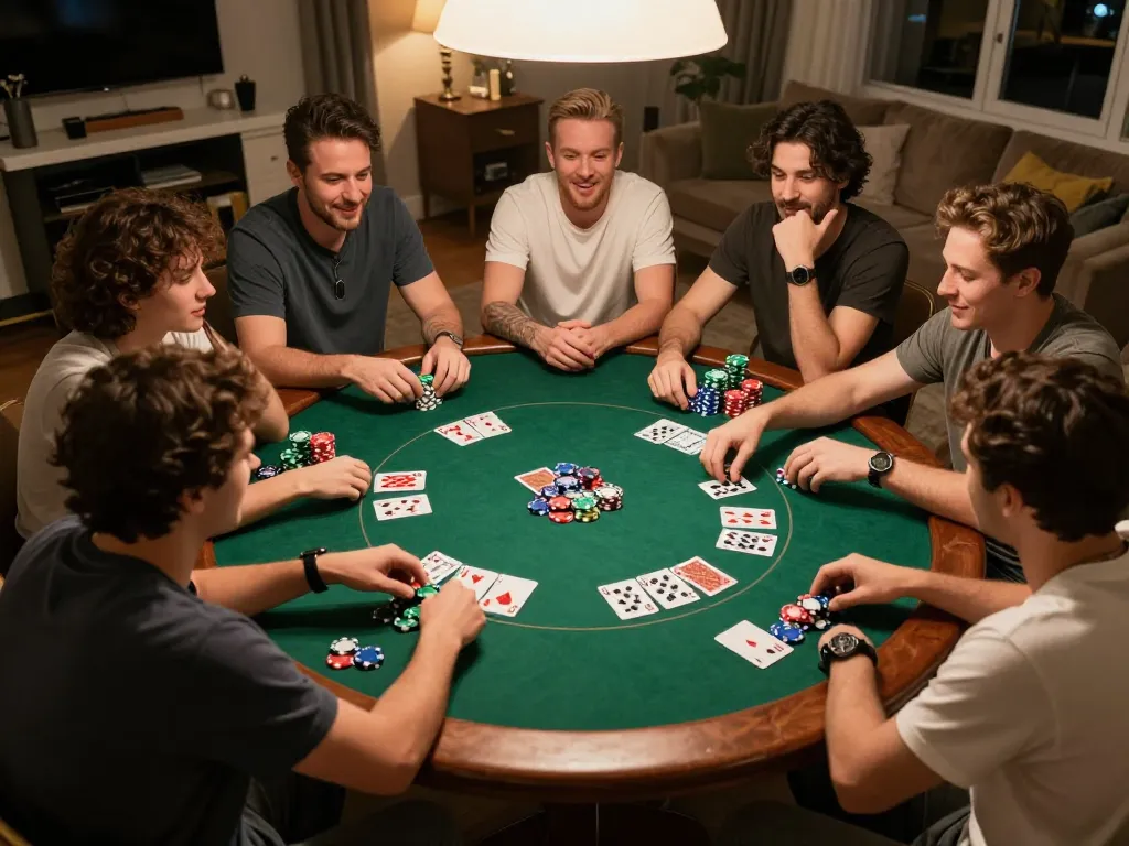 Players engaging in a thrilling poker game at home, showcasing high-stakes gameplay at trang chủ jun88.
