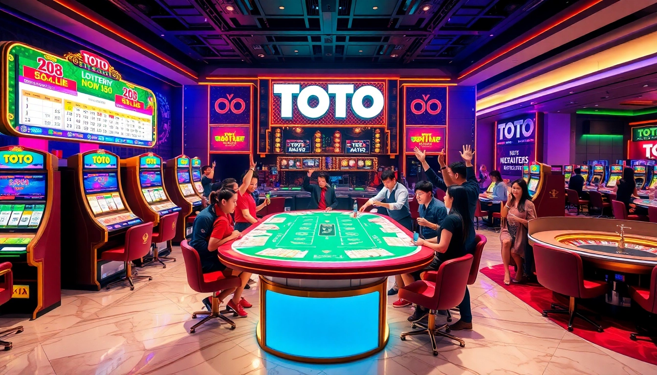 Toto Macau live draw results displayed among excited players in a luxury casino setting.