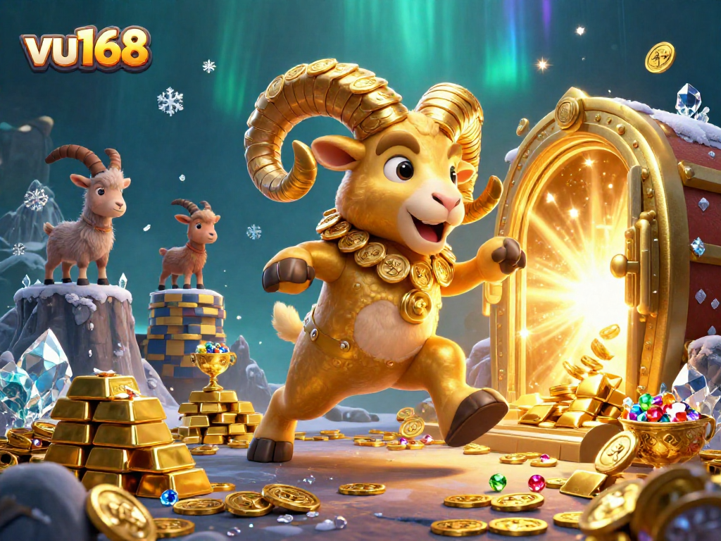 Play thrilling games at vu168 with golden ram as symbol of luck amidst treasure vault.