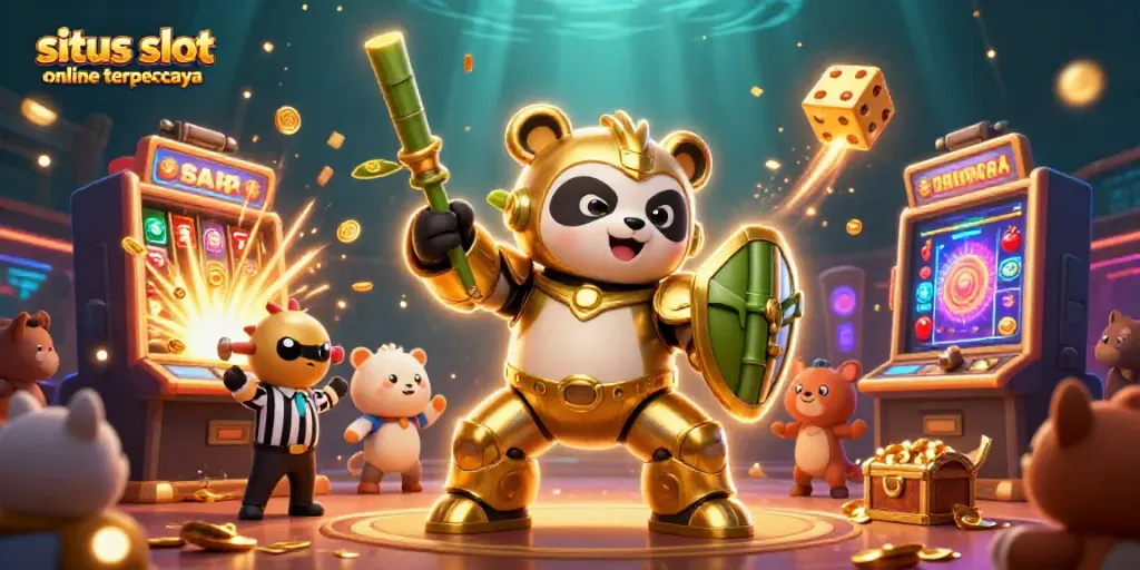 Memenangkan jackpot di situs slot online terpercaya dengan panda emas angkat robot pertarungan sambil dikelilingi oleh simbol keberuntungan
