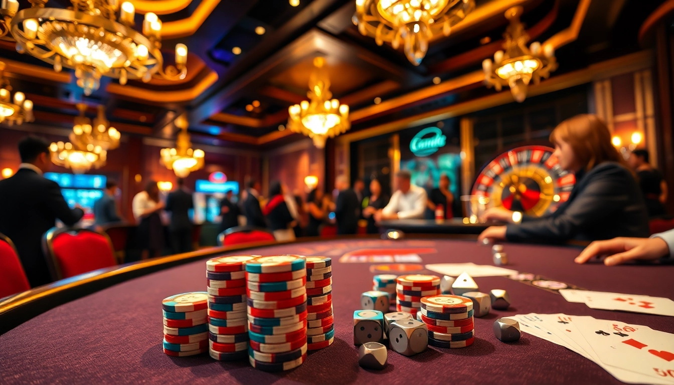 Players enjoy a thrilling poker game at CM88 casino, surrounded by vibrant lighting and elegant decor.
