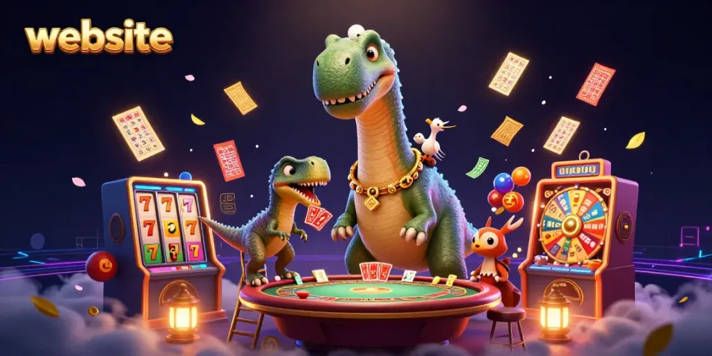 Permainan slot mendebarkan dalam gambaran dengan brontosaurus dan raptor di kasino.