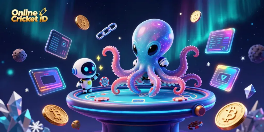 Engage with the thrilling Online Cricket ID experience featuring an alien octopus and robotic companion at a holographic poker table.