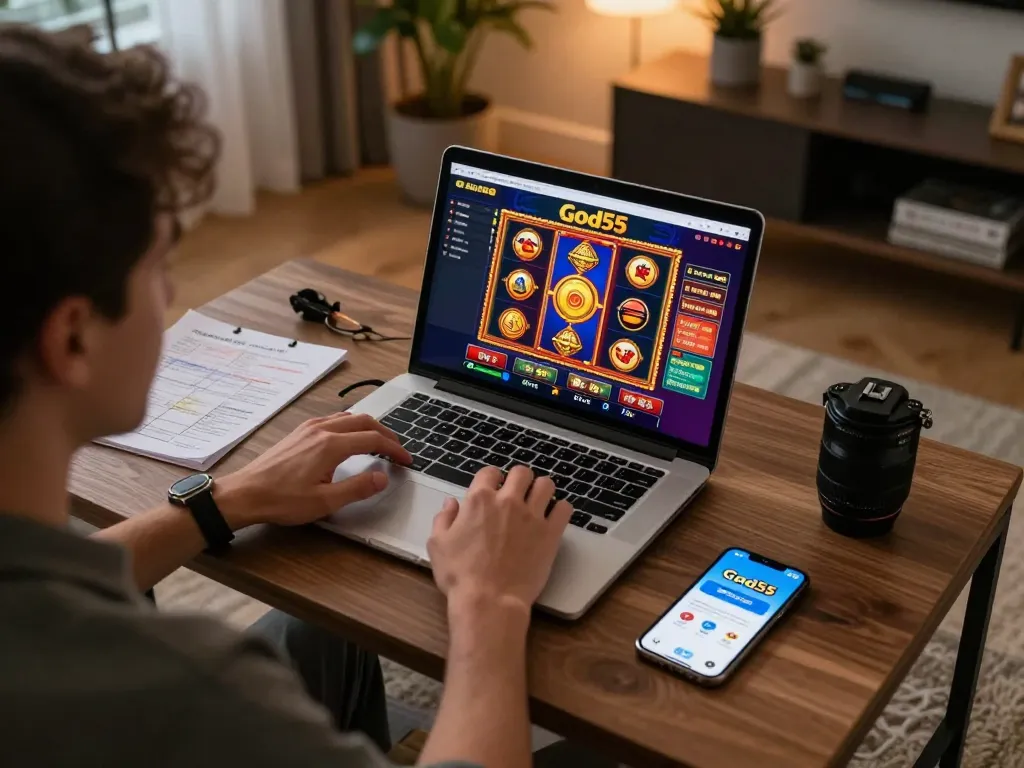 Engaging player at God55 online casino using laptop for strategic gameplay in cozy setting.