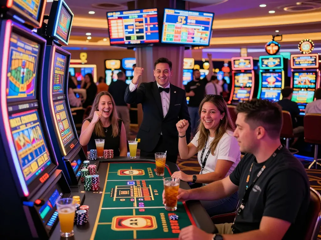 Exciting scene featuring players around a link slot machine in a Las Vegas casino, showcasing vibrant atmosphere and gaming joy.