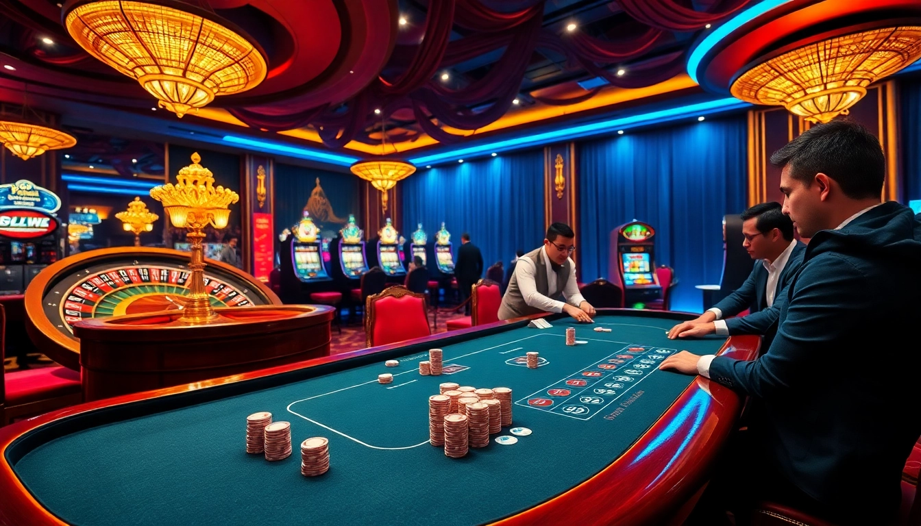 Experience thrilling gameplay at 99OK with vibrant casino elements like poker tables and roulette wheels.