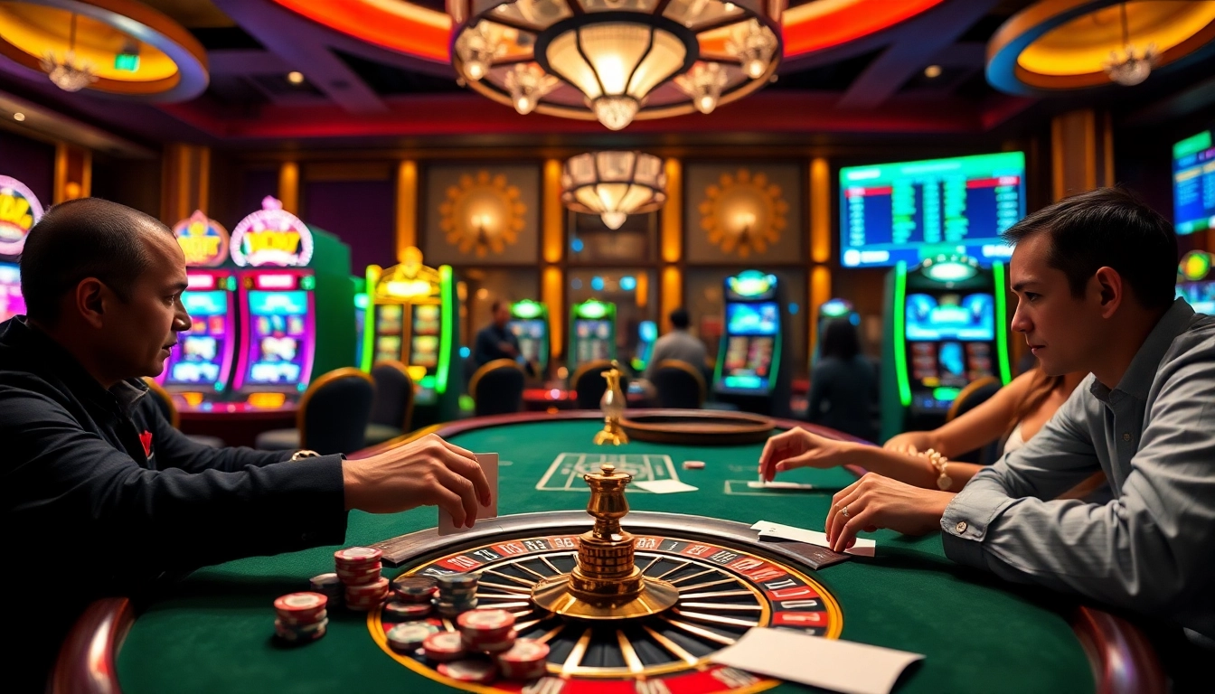Action-packed poker game at S8 casino with vibrant slot machines and betting slips.
