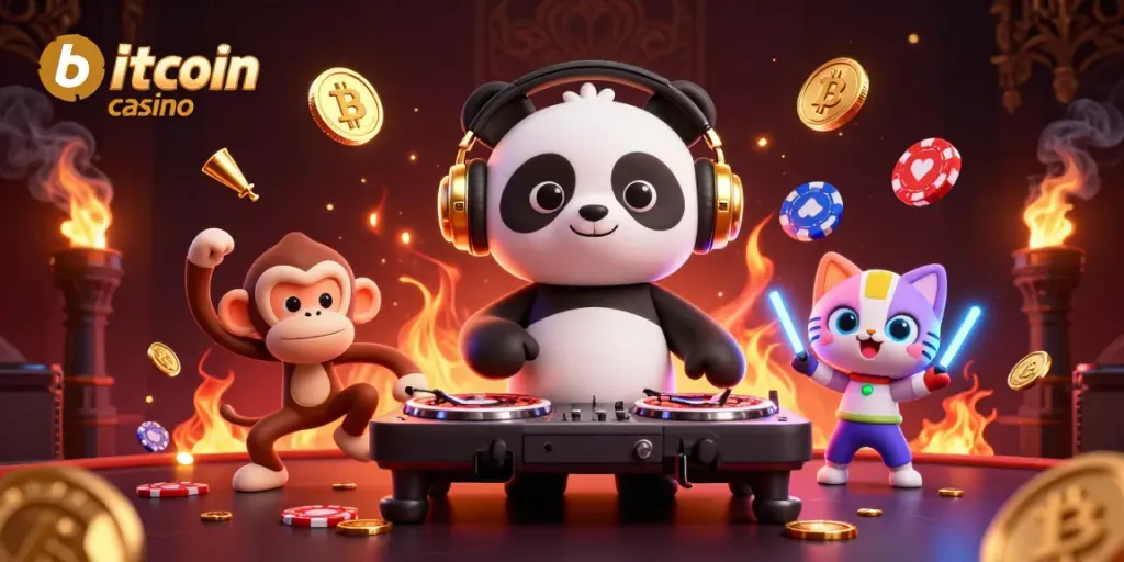 Experience the excitement of a bitcoin casino with a DJ panda and lively characters in a 3D illustration.