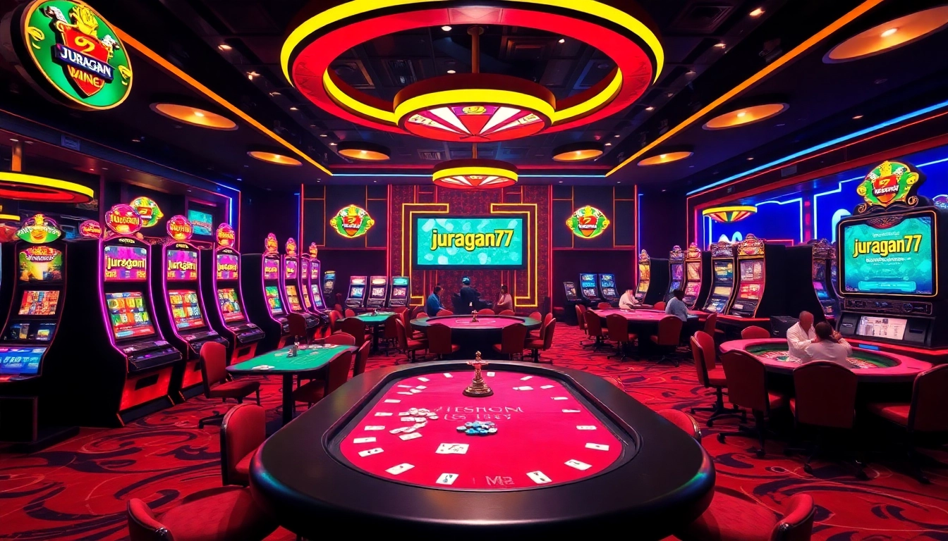 Engage with juragan77 at a vibrant casino featuring bright slot machines and excited players.