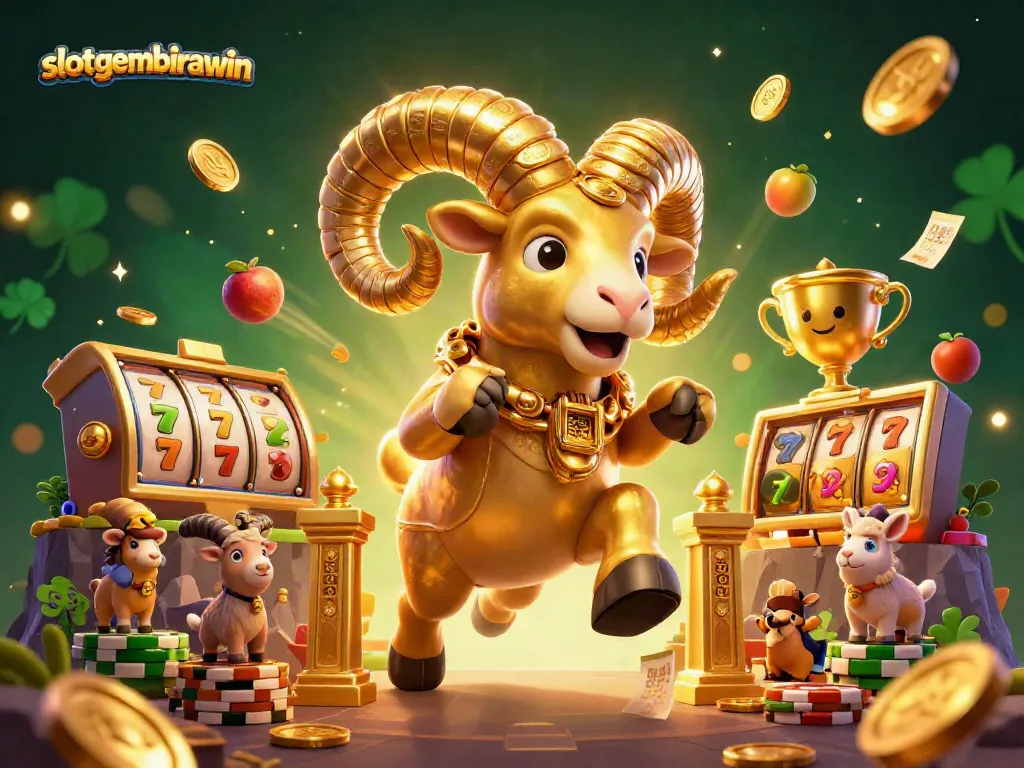 Experience the excitement of slot games with slotgembirawin's vibrant 3D illustration featuring golden ram and traditional symbols.
