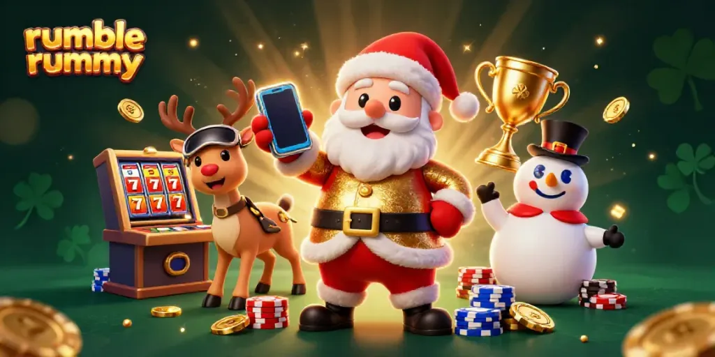 Engage in Rumble Rummy with a festive scene featuring Santa and friends in a vibrant casino setting.
