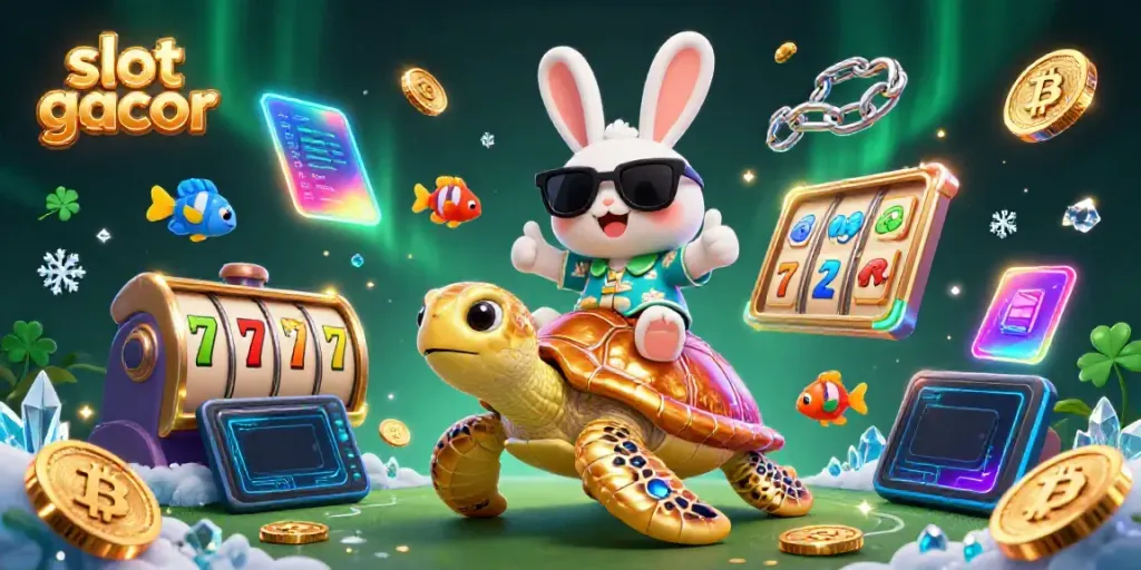 Experience slot gacor excitement with a lively scene featuring vibrant characters and casino elements.