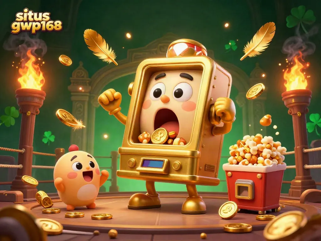 Menang besar di situs gwp168, mesin slot emas kartun bersorak dengan koin berjatuhan.