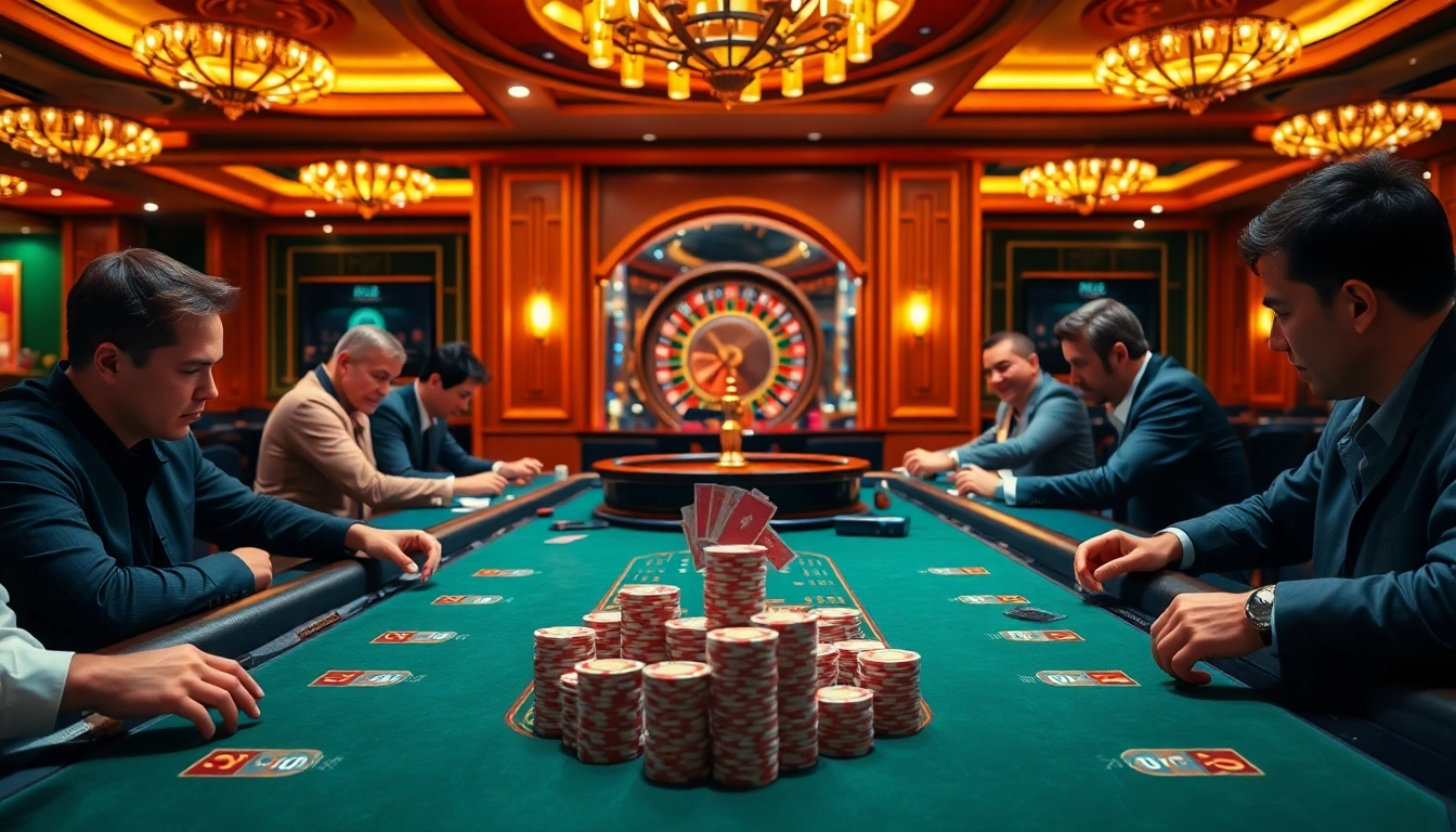 Players experiencing excitement at RR88's luxurious casino tables while betting and winning.