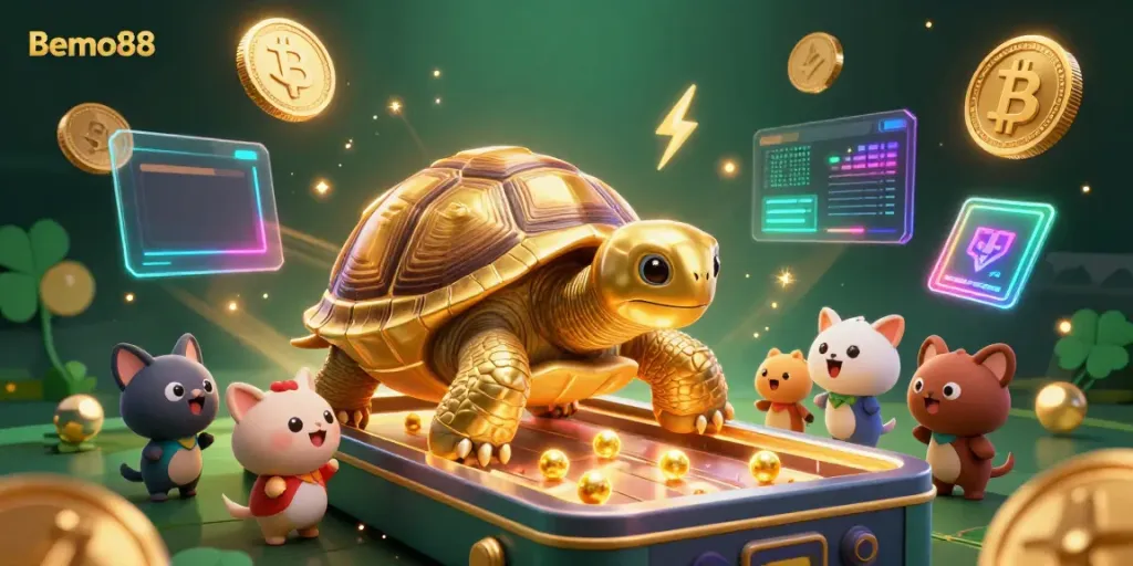 Engage with Bemo88 through a vibrant depiction of a colossal golden tortoise playing as a pinball machine surrounded by dynamic crypto elements.