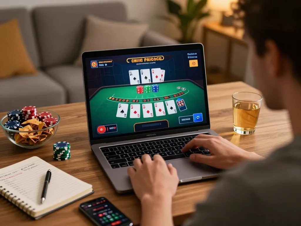 Engaging in a strategic macan33 blackjack game online, highlighting comfortable home gaming setup.
