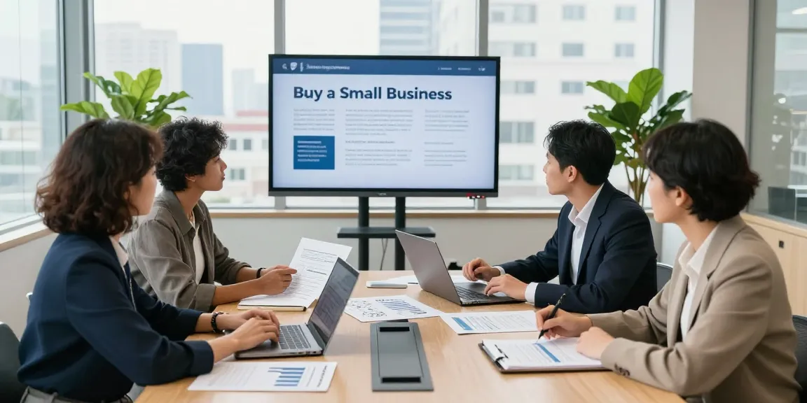 Team discussing strategies to buy a small business in a modern office