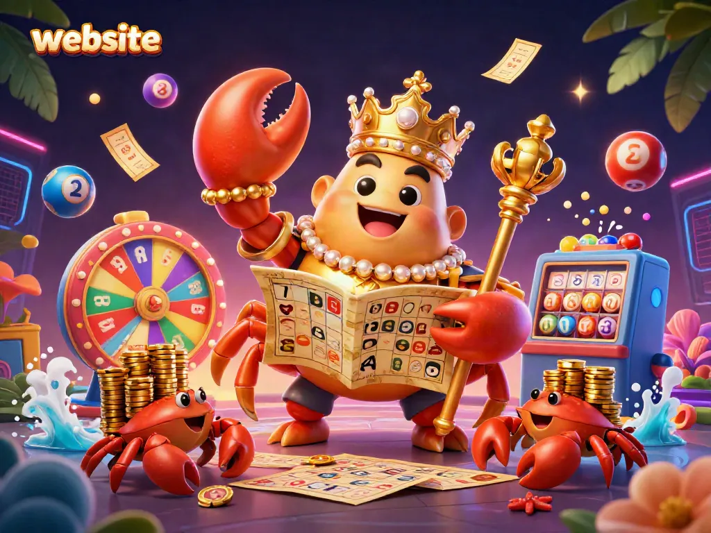 Menggenggam scepter dan peta harta, kepiting emas raksasa menemani simbol permainan lotere di website yang menegangkan.