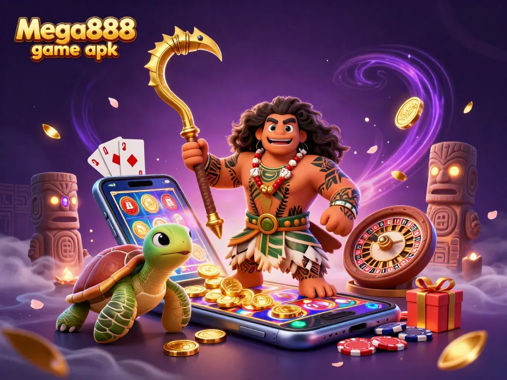 Experience the mega888 game apk in an energetic casino scene filled with vibrant gaming elements.