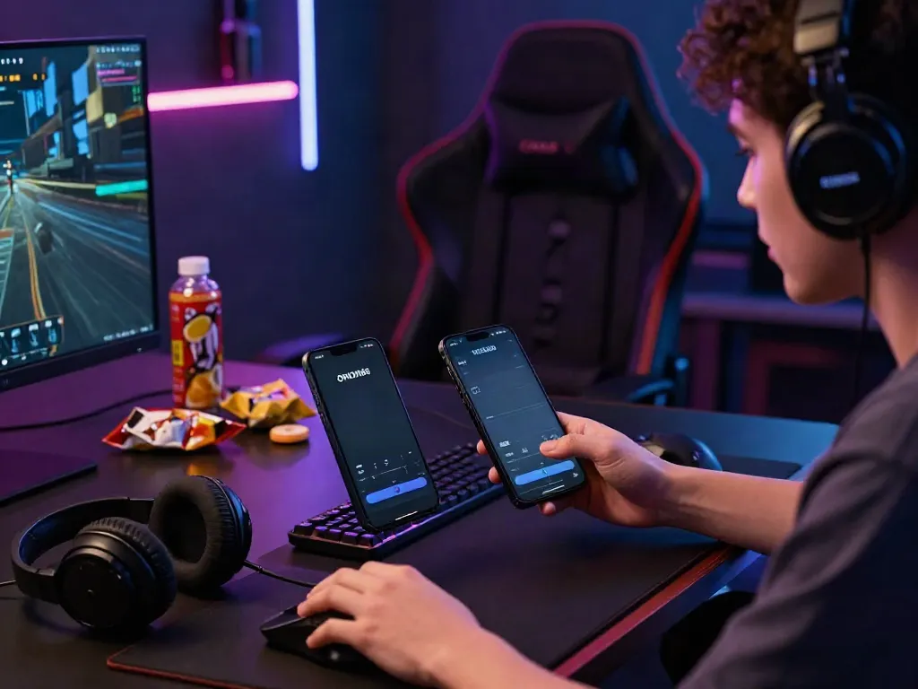 Engaged user playing ORION88 mobile application in a vibrant gaming setup.