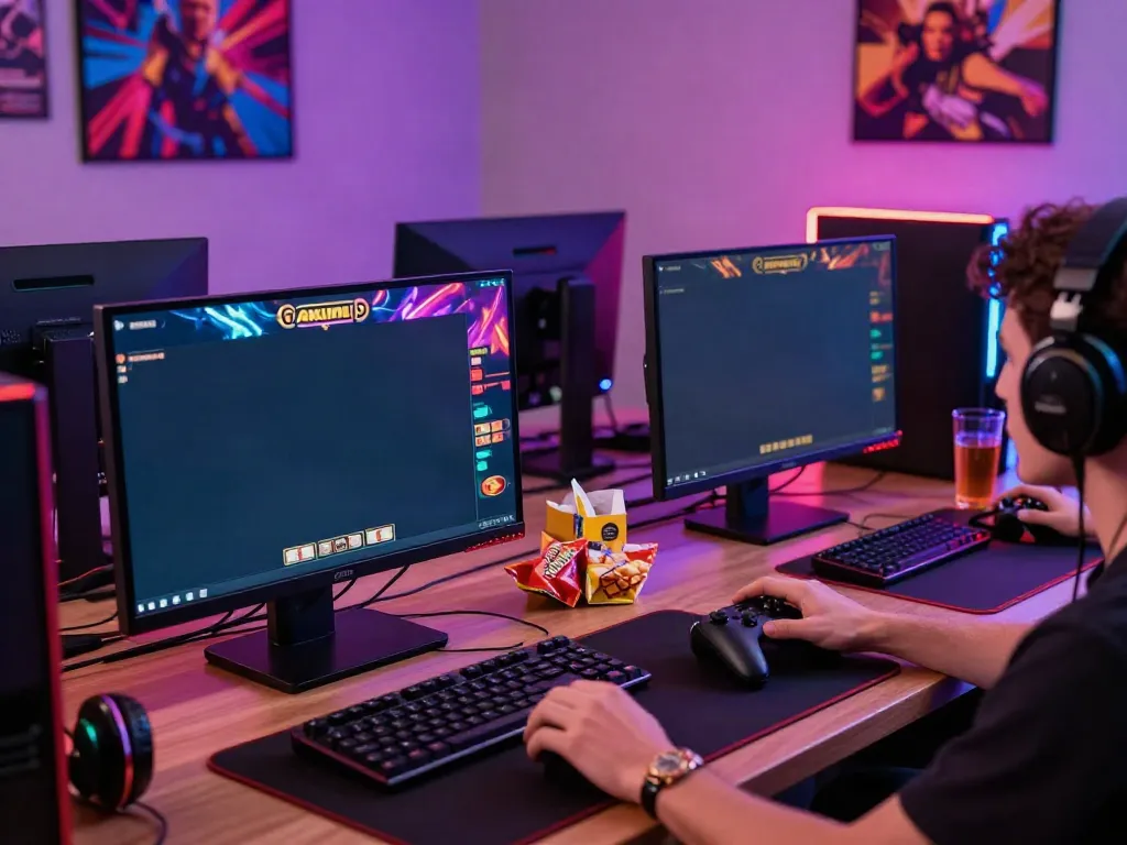 Player fully immersed in akunjp online gaming with vibrant screens and snacks
