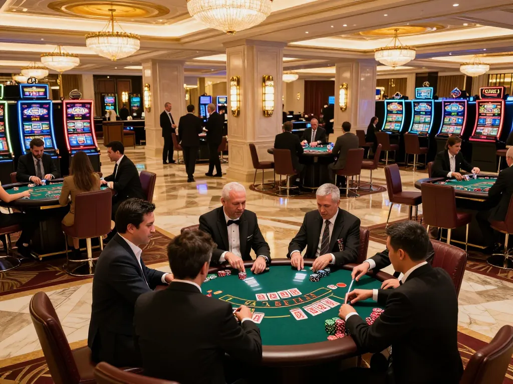 Engaging scene at MM88's sophisticated casino with blackjack players and vibrant gaming atmosphere