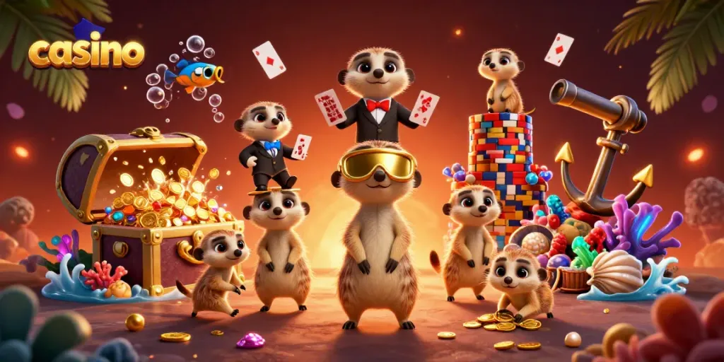 Meerkats managing a vibrant casino scene with golden chips and glowing treasures.