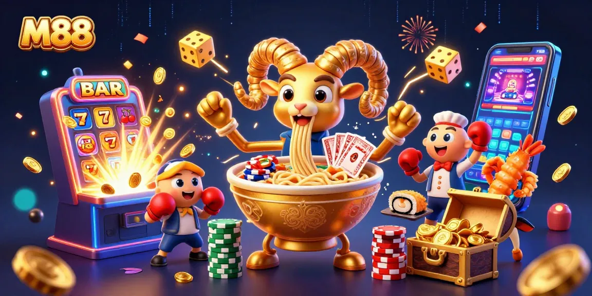 M88 offers vibrant casino fun with action-packed gold ramen characters, cards, and slots.
