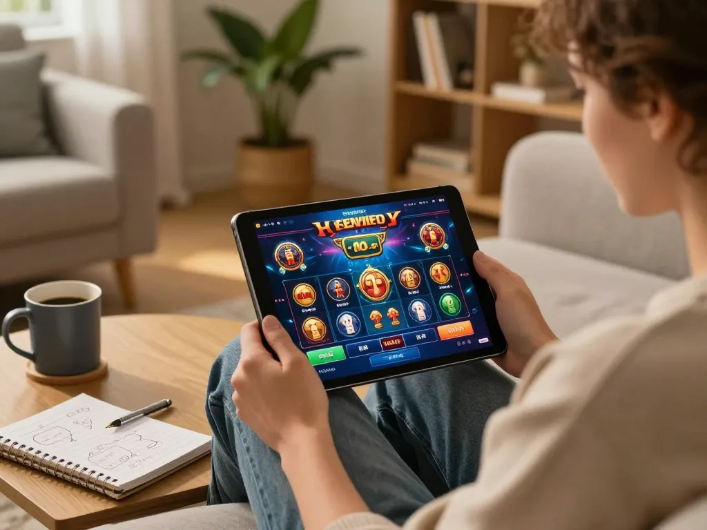 Engaging in online casino app đăng ký strategy on a tablet in a cozy space