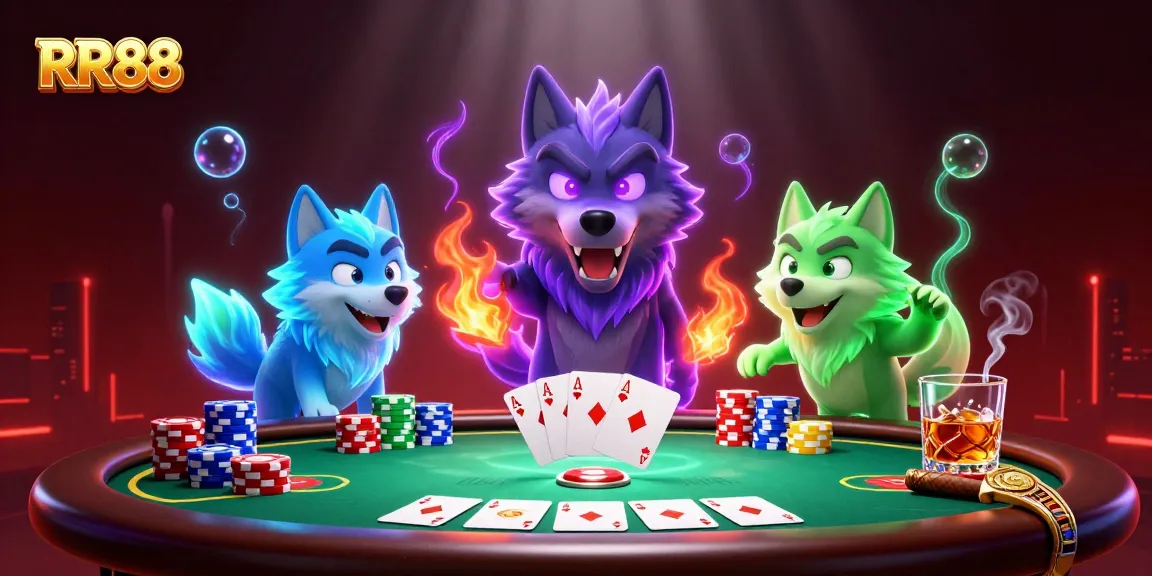 Engage with RR88's thrilling poker excitement led by spectral wolves in a vibrant casino illustration.