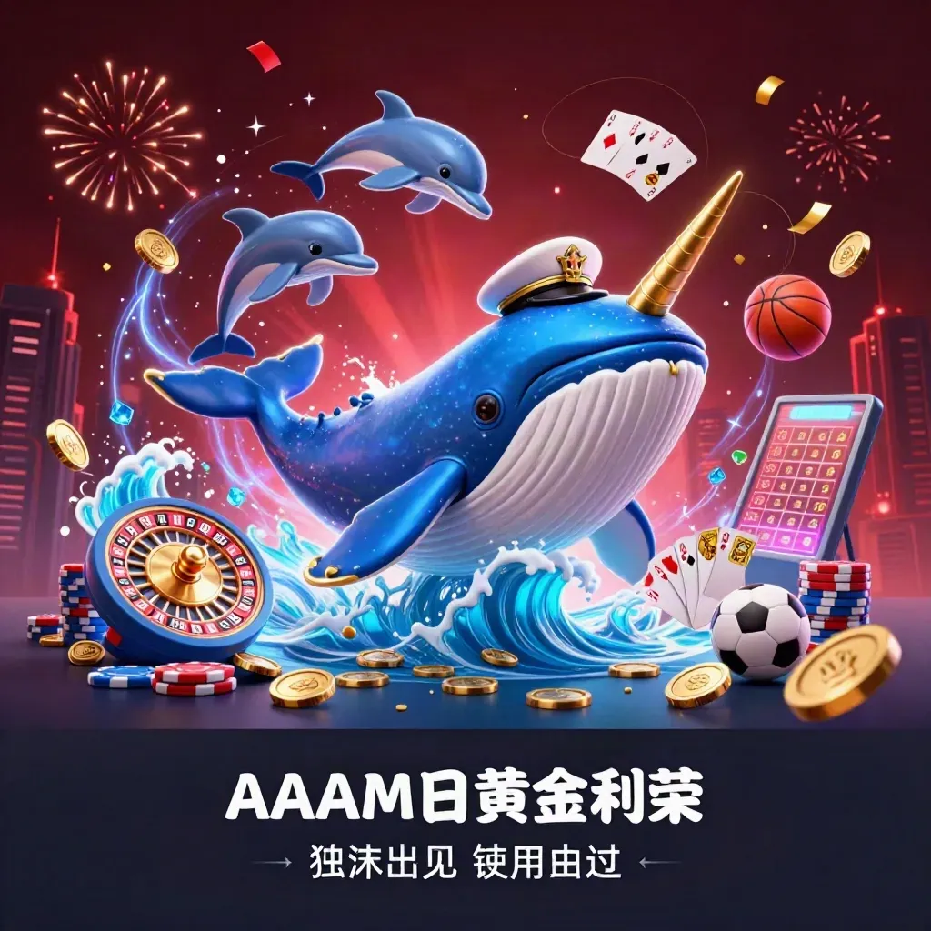 Whale captain, narwhal and dolphins burst through coins with chips, cards, roulette, fireworks and neon casino glow.