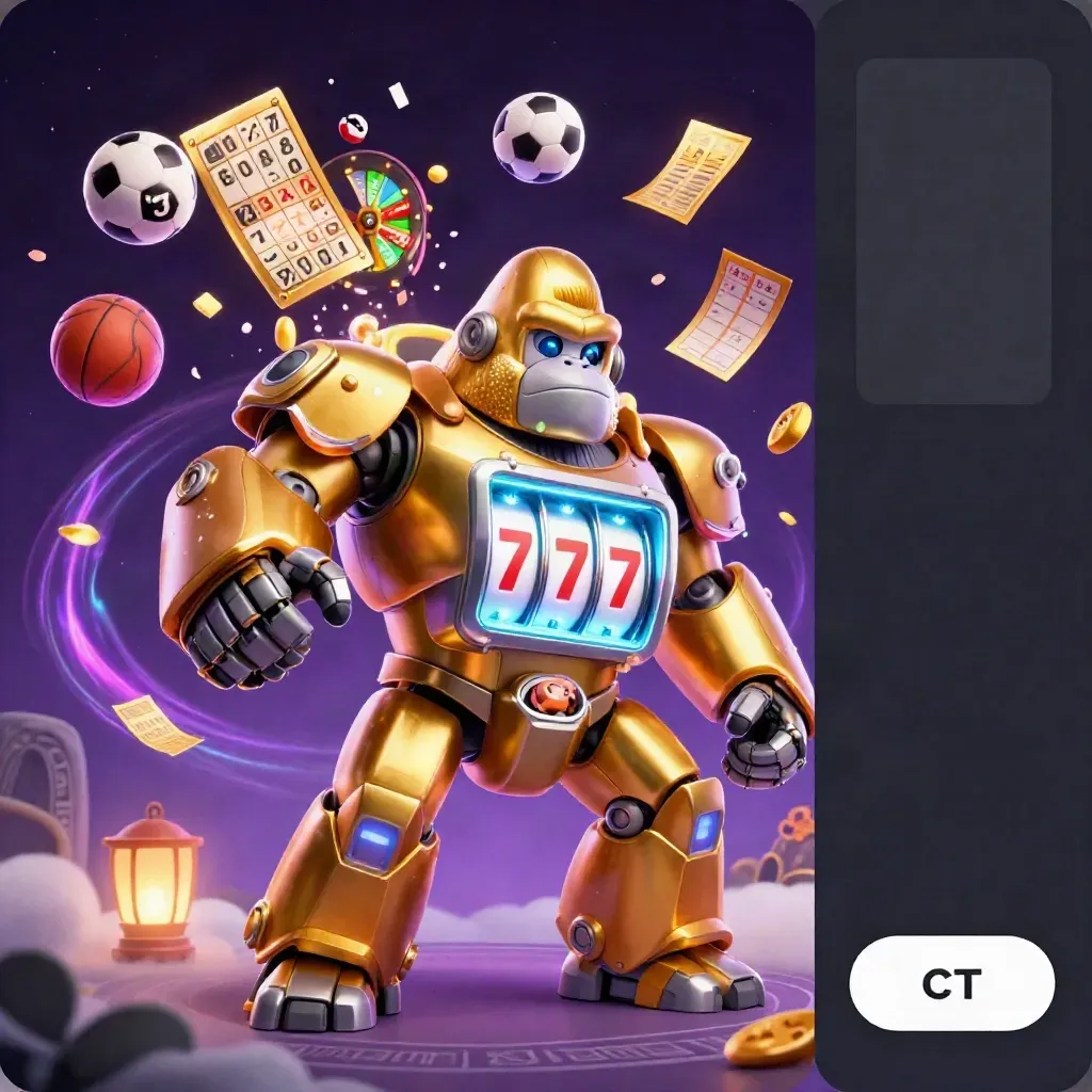 Golden gorilla mech with a tiny monkey pilot explodes from cosmic casino lights and floating game icons.
