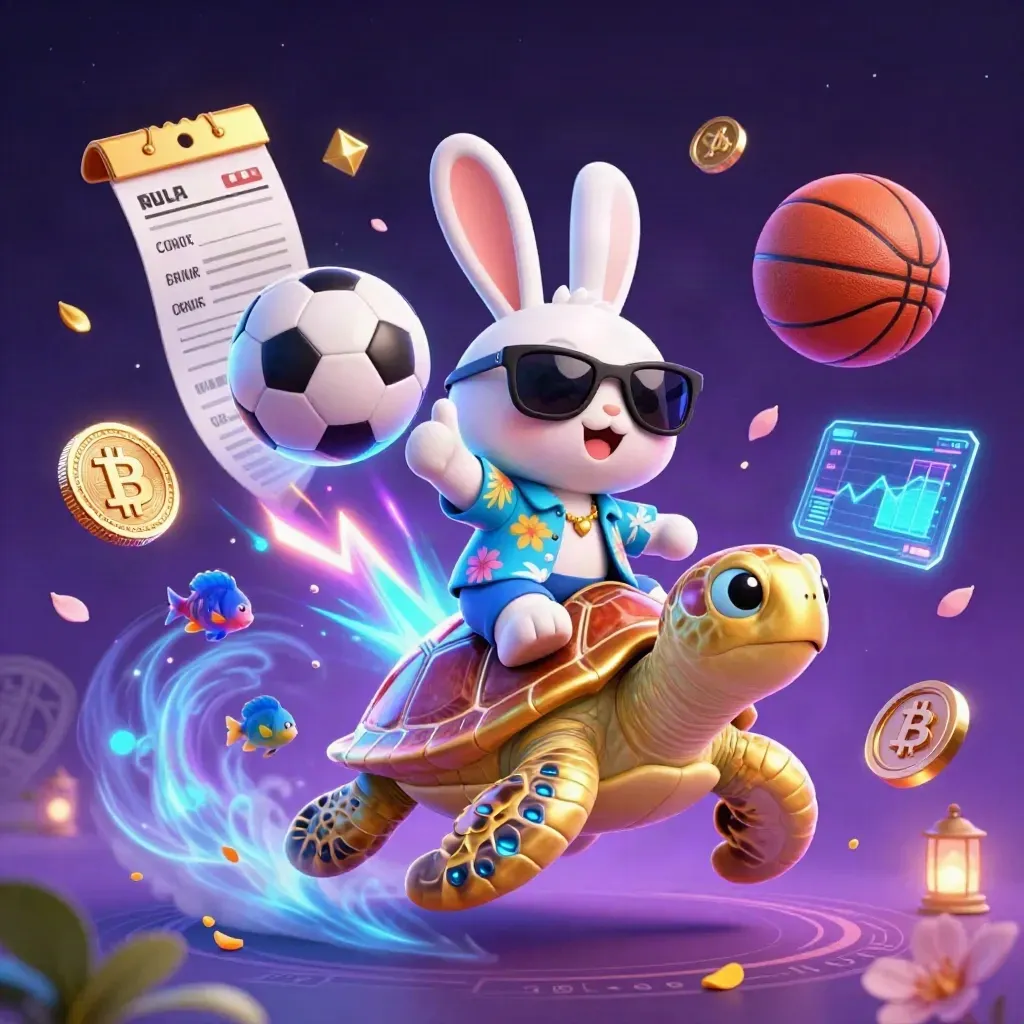 Lucky rabbit on golden turtle amid neon coins, soccer ball and magic energy in a cyber casino scene
