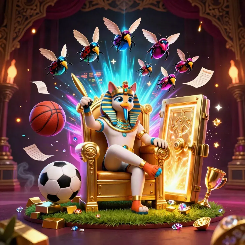 Pharaoh cat, ibis scribe, and gem-winged scarabs amid gold vault light and flying sports balls.