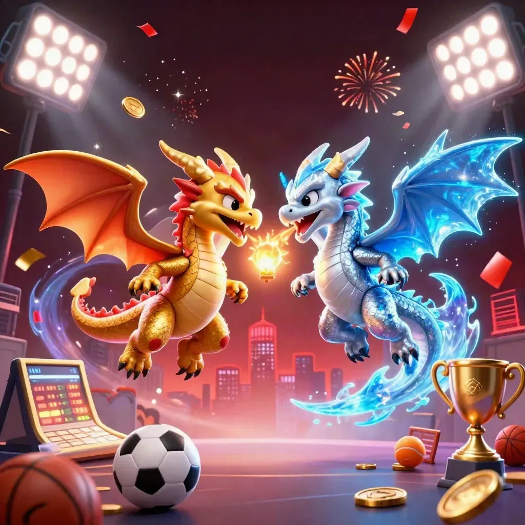 Gold and silver dragons amid fire, ice, sports balls, trophy and neon casino light.