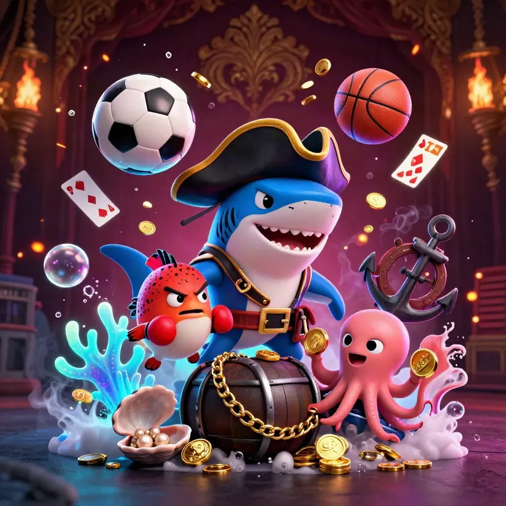 Pirate shark, boxing pufferfish, and coin-juggling octopus in a glowing underwater casino burst.