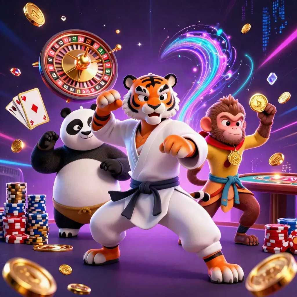 Tiger, panda, and monkey on a neon casino table amid coins, cards, and glowing roulette.