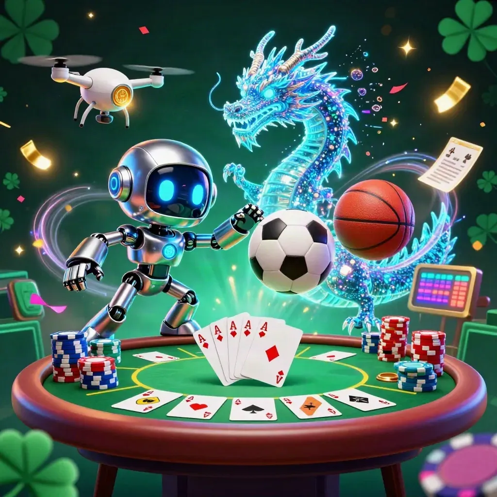 Chrome robot, holographic dragon, and coin drone over casino props in a neon emerald haze.