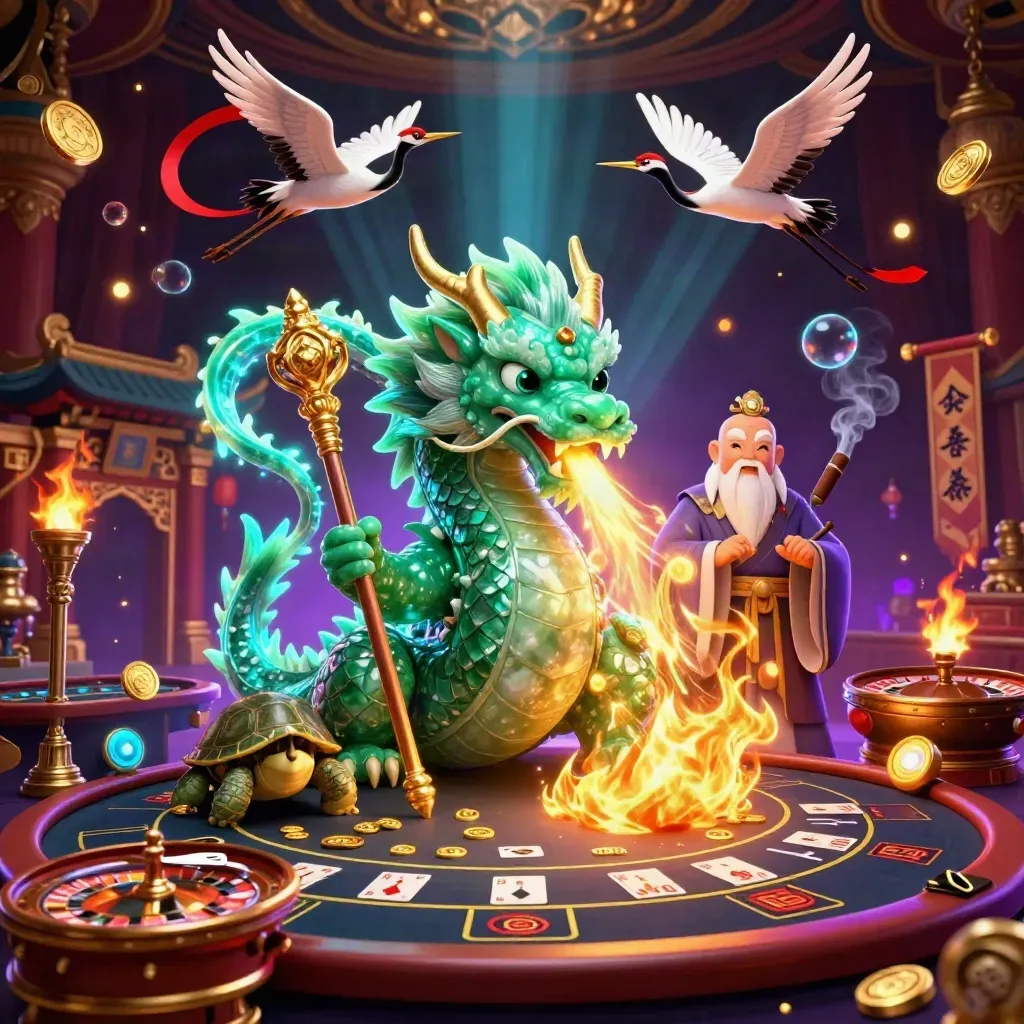 Jade dragon, turtle sage, and cranes in a neon casino room with roulette and golden fire