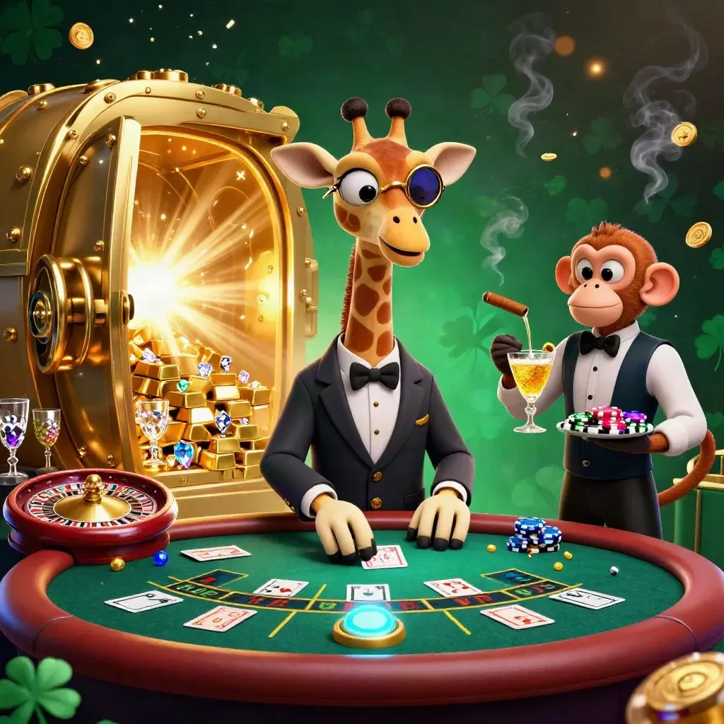 Giraffe high roller, monkey valet, and chameleon bartender in a neon casino vault of gold and gems
