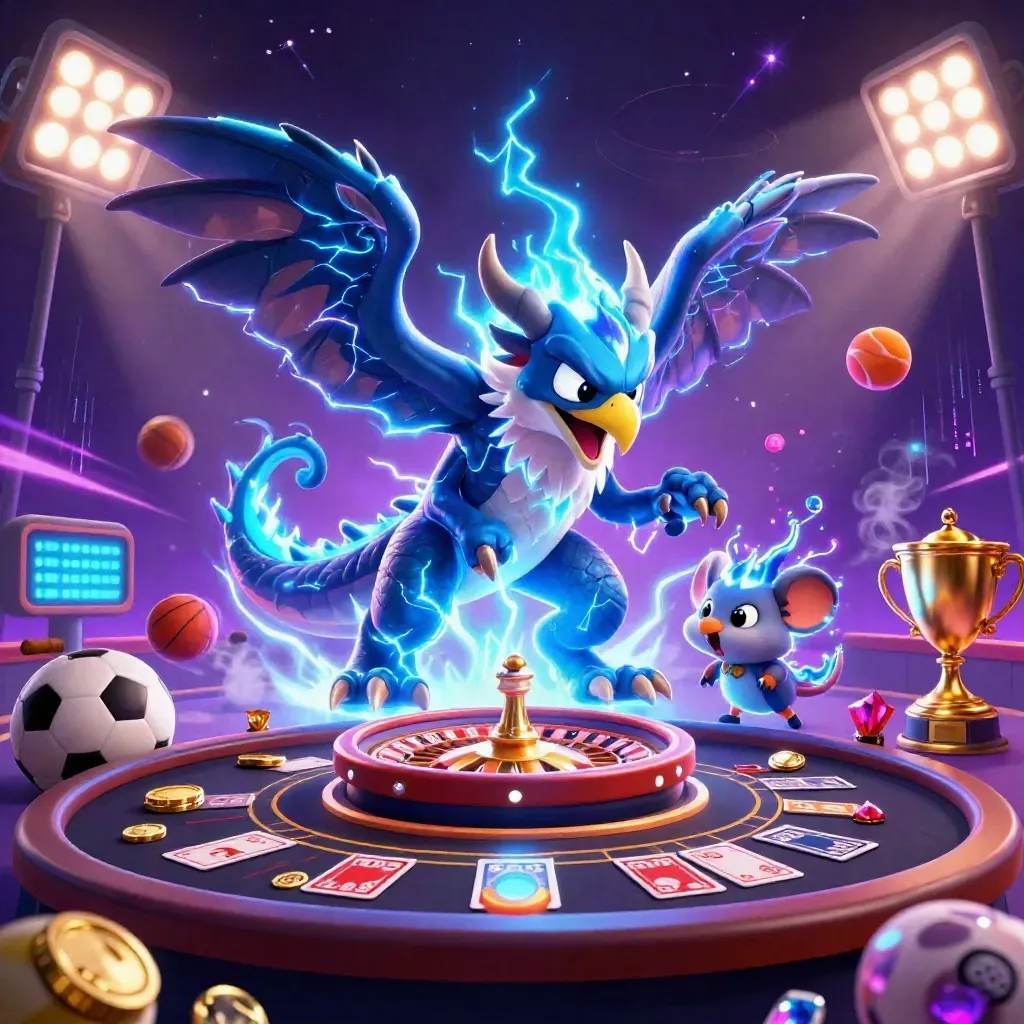 Thunder dragon, wind hawk, and static mouse amid casino lights, sports balls, and neon energy