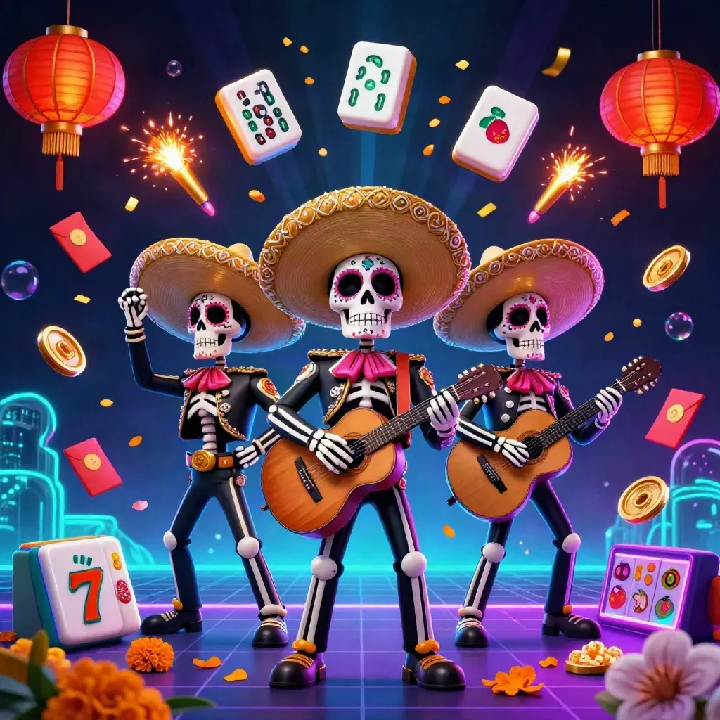 Skeleton mariachi trio amid neon casino treasures, petals, lanterns, and glowing game elements.