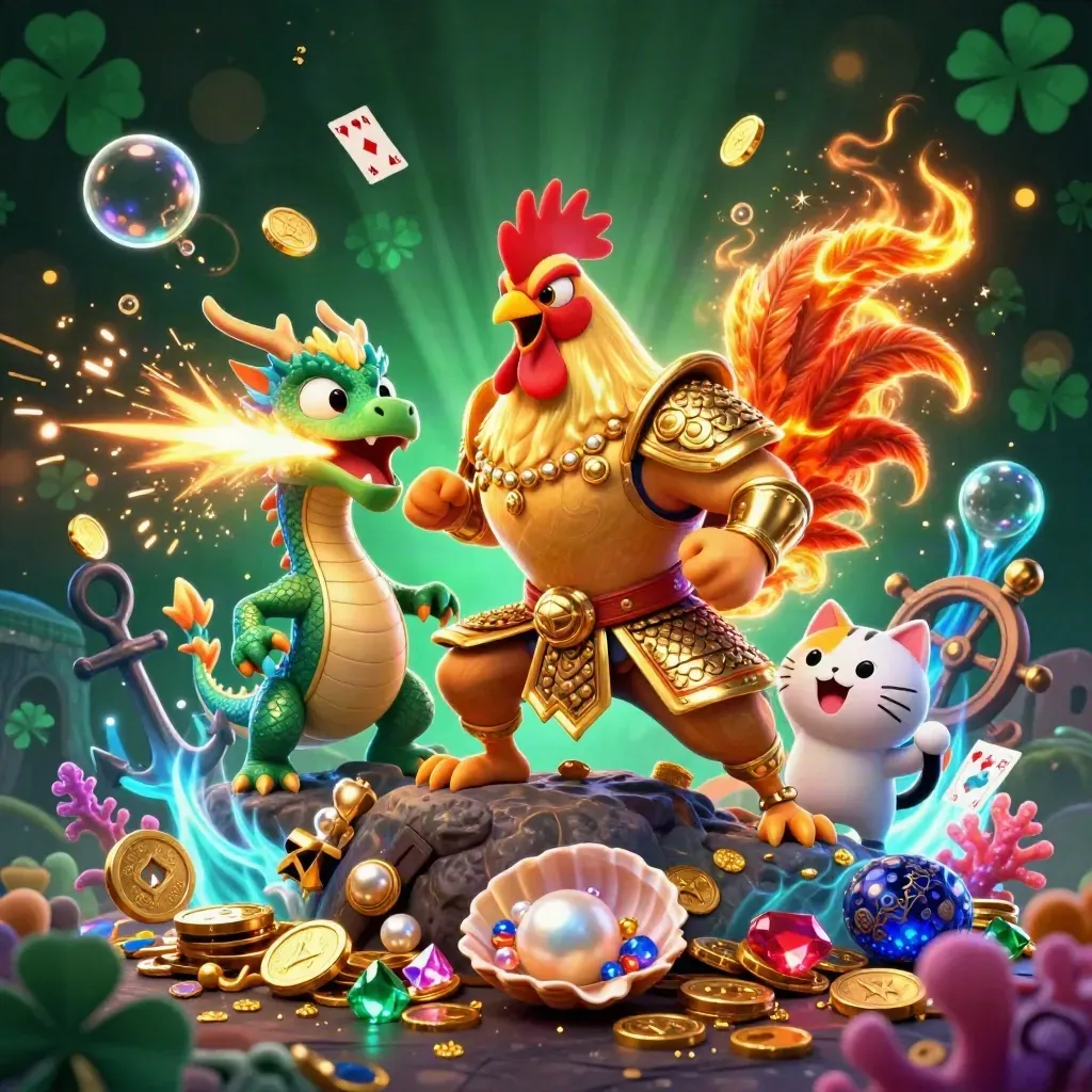 Rooster warrior, dragon hatchling, and fortune cat amid a neon cyan treasure cove burst