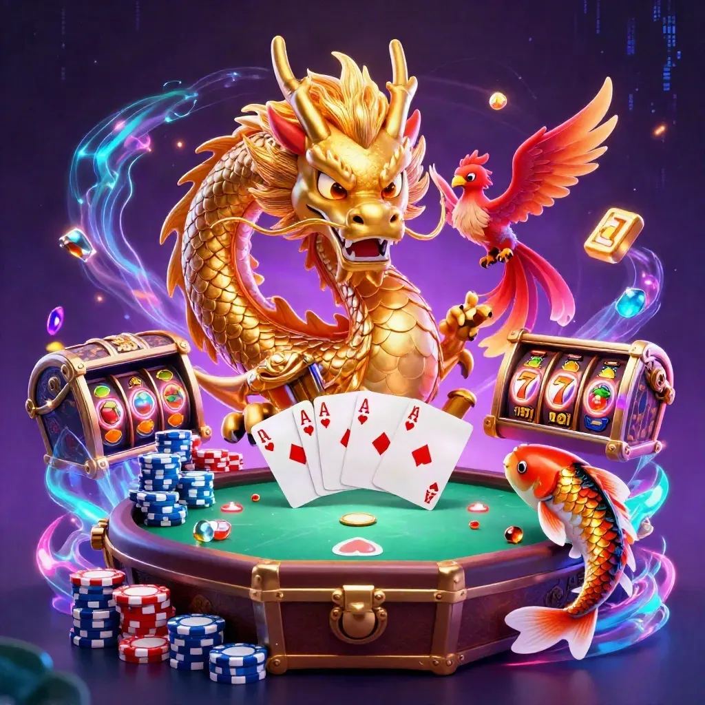 Golden dragon, phoenix, and koi burst around treasure and poker gear in neon blue casino art