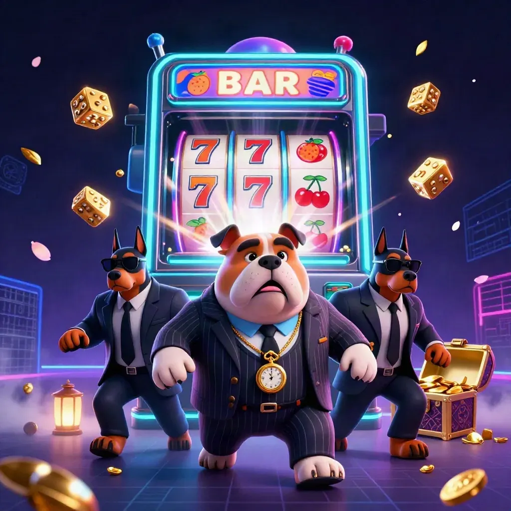 Bulldog mob boss with Dobermans amid exploding slot machine, gold, and neon casino effects.