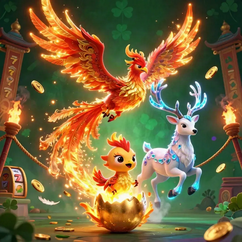 Phoenix, hatching egg and crystal stag amid casino relics and glowing reels in emerald firelight