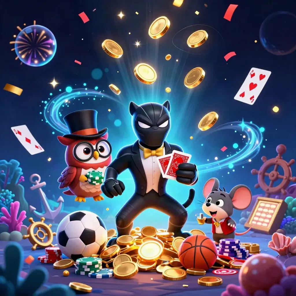 Cartoon panther, owl, and mouse amid treasure, coins, coral, fireworks, and casino icons.