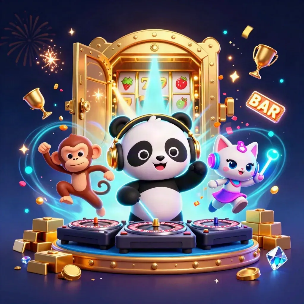 DJ panda, breakdancing monkey, and glow-stick kitten in a gold treasure burst.